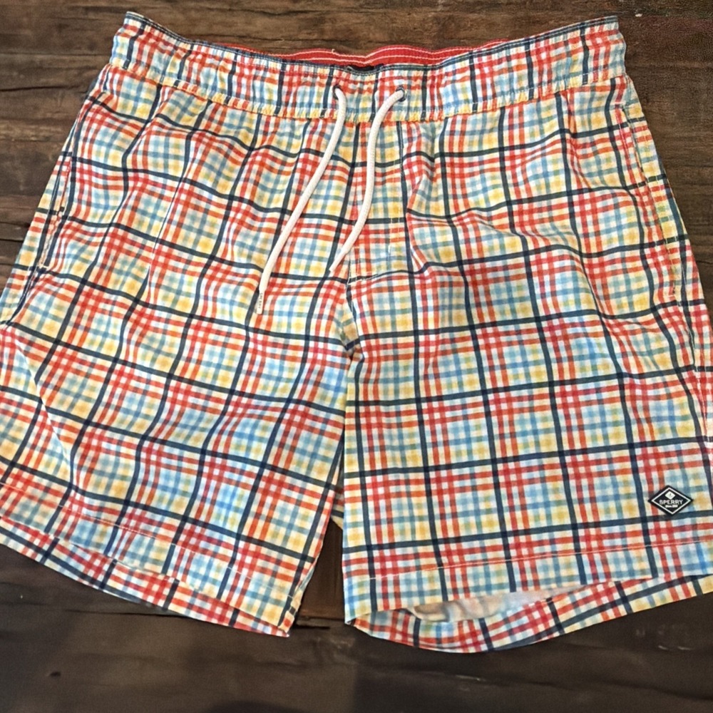 Sperry Men's Sz Medium Stretch Lined Swim Trunks Shorts Blue Red Yellow plaid!